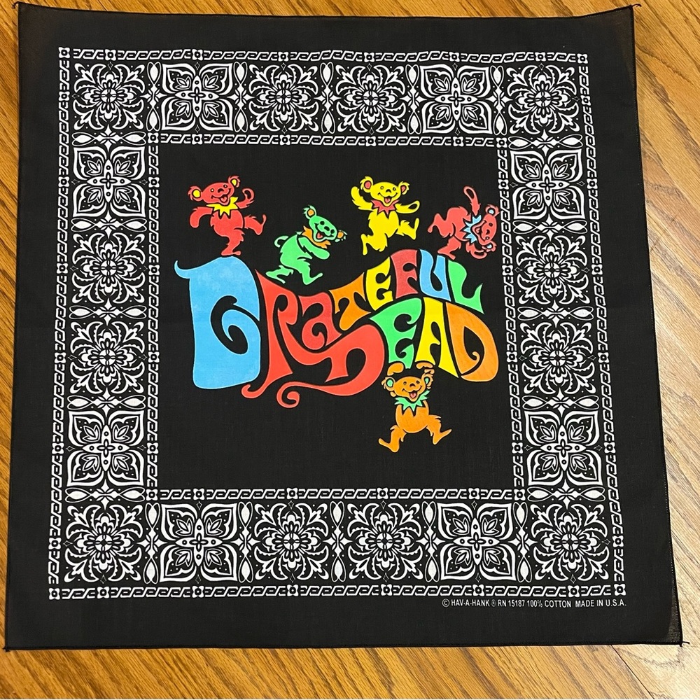 Grateful Dead colorful Dancing Bears Black Bandanna Made in USA